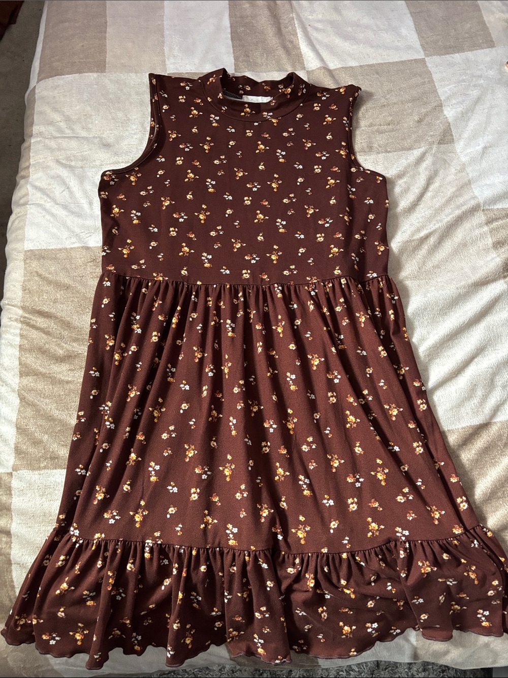 Girls Brown Floral Ruffle Hem Dress